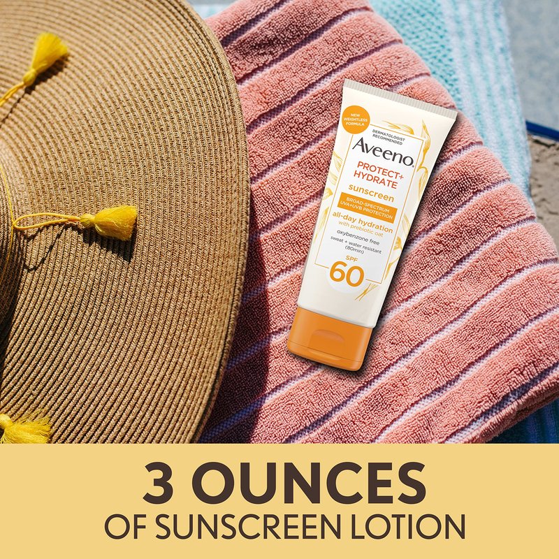 Aveeno Protect + Hydrate Moisturizing Body Sunscreen Lotion with Broad Spectrum SPF 60 & Prebiotic Oat, Weightless & Refreshing Feel, Paraben-Free, Oil-Free, Oxybenzone-Free, 3.0 fl. oz