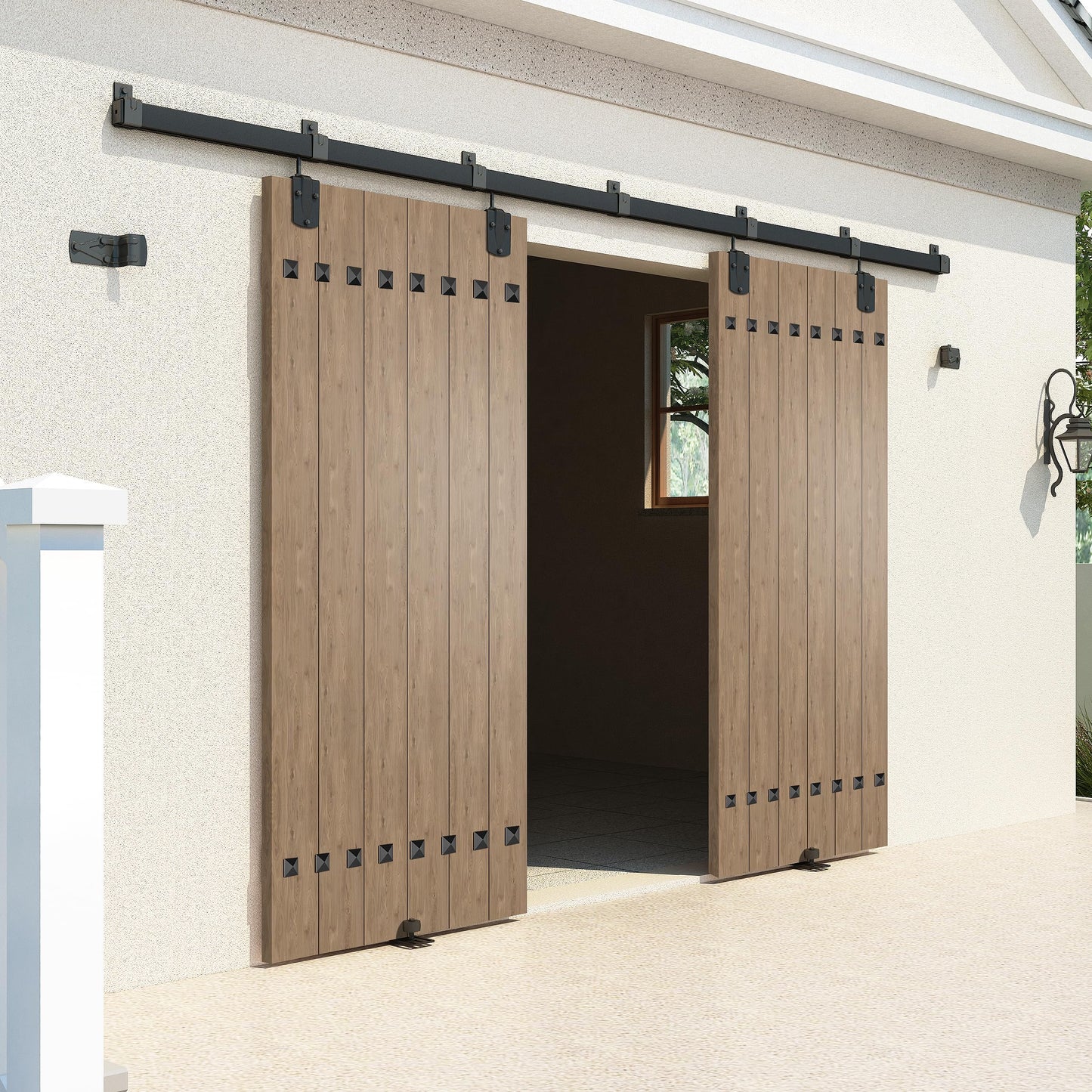 HARDJULAN 14FT Heavy Duty Box Rail Exterior Sliding Barn Door Hardware Kit, 450 lbs Capacity, Black Powder Coated Finish,Kit for Outdoor,Fit MAX 2 X Door Width 84in