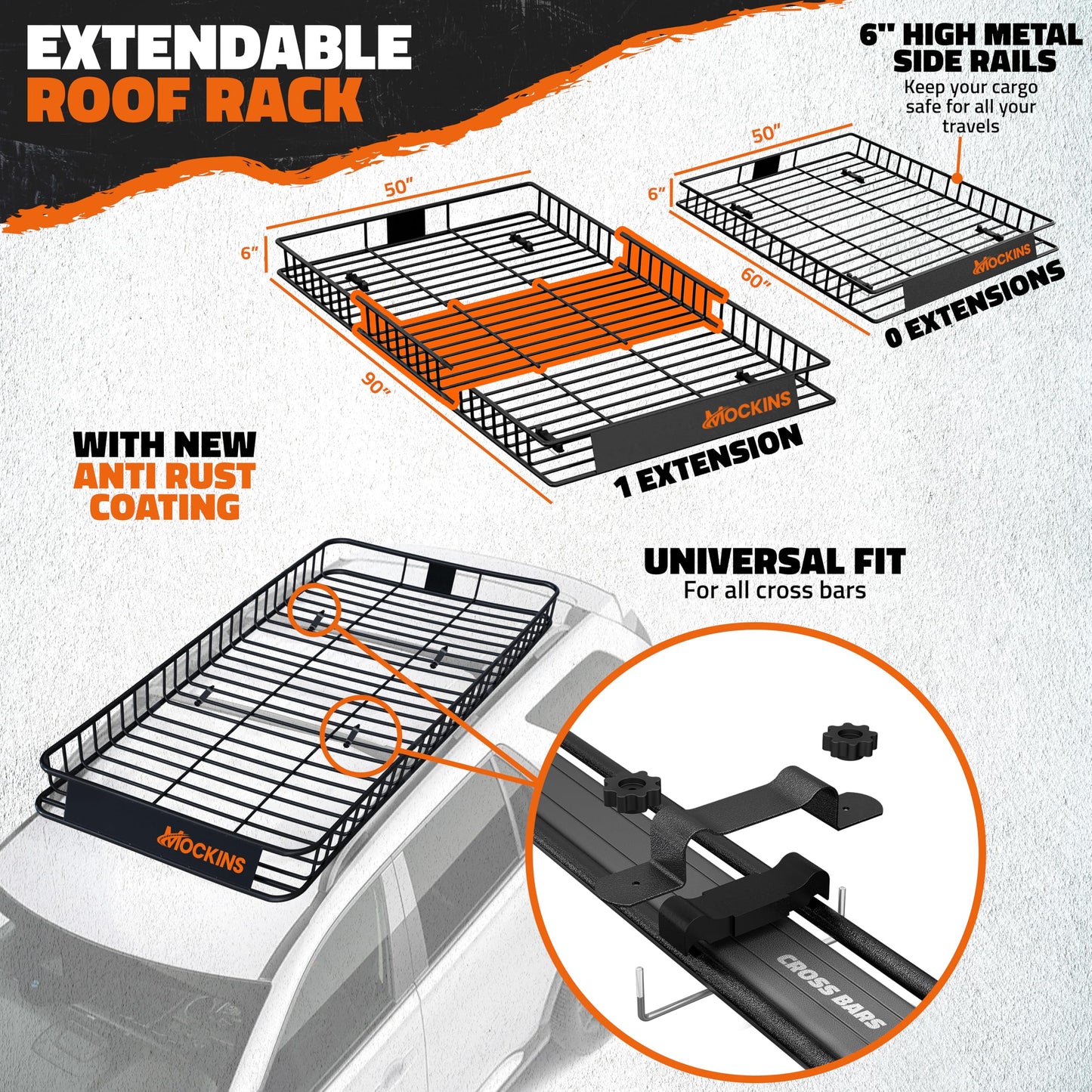 Mockins XXL 90"x50"x6" Heavy Duty Roof Rack Cargo Carrier w/ 50 CuFt Waterproof Rooftop Cargo Bag for Top of Car | All-Weather 250 Lbs Cap Car Top Carrier Roof Basket for SUV RV Van w/Accessories