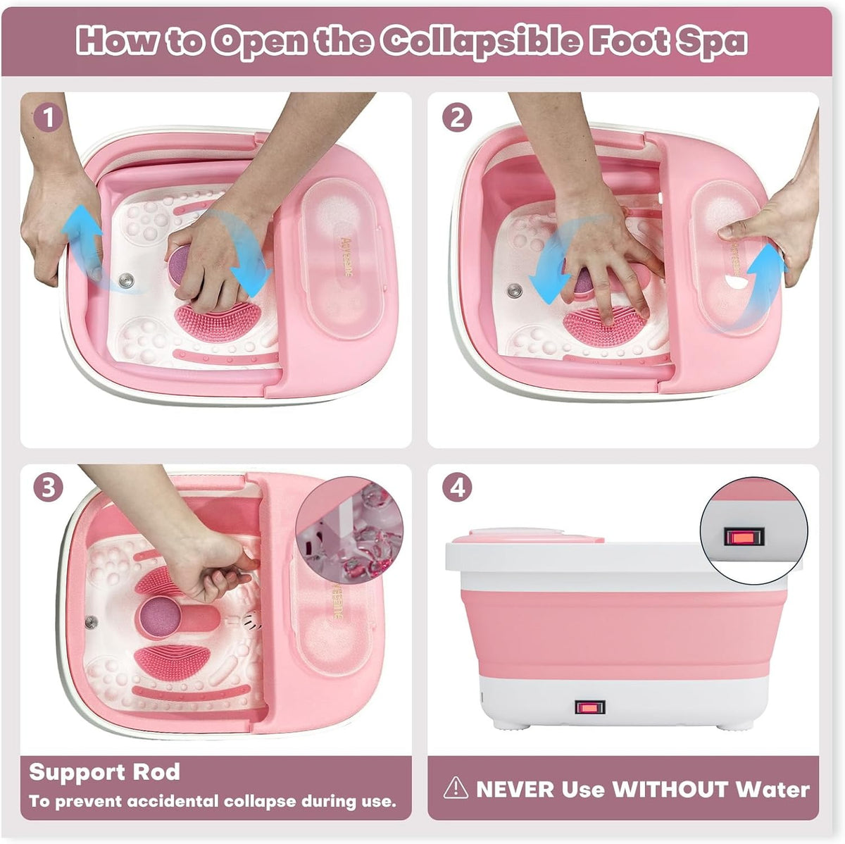 Collapsible Foot Spa Bath Massager with Heat, Remote, Temperature Control, Timer, Foot Soaking Tub with Pedicure Kit & 3 Attachments, Pedicure Foot Spa for After Work Relaxation (Pink)