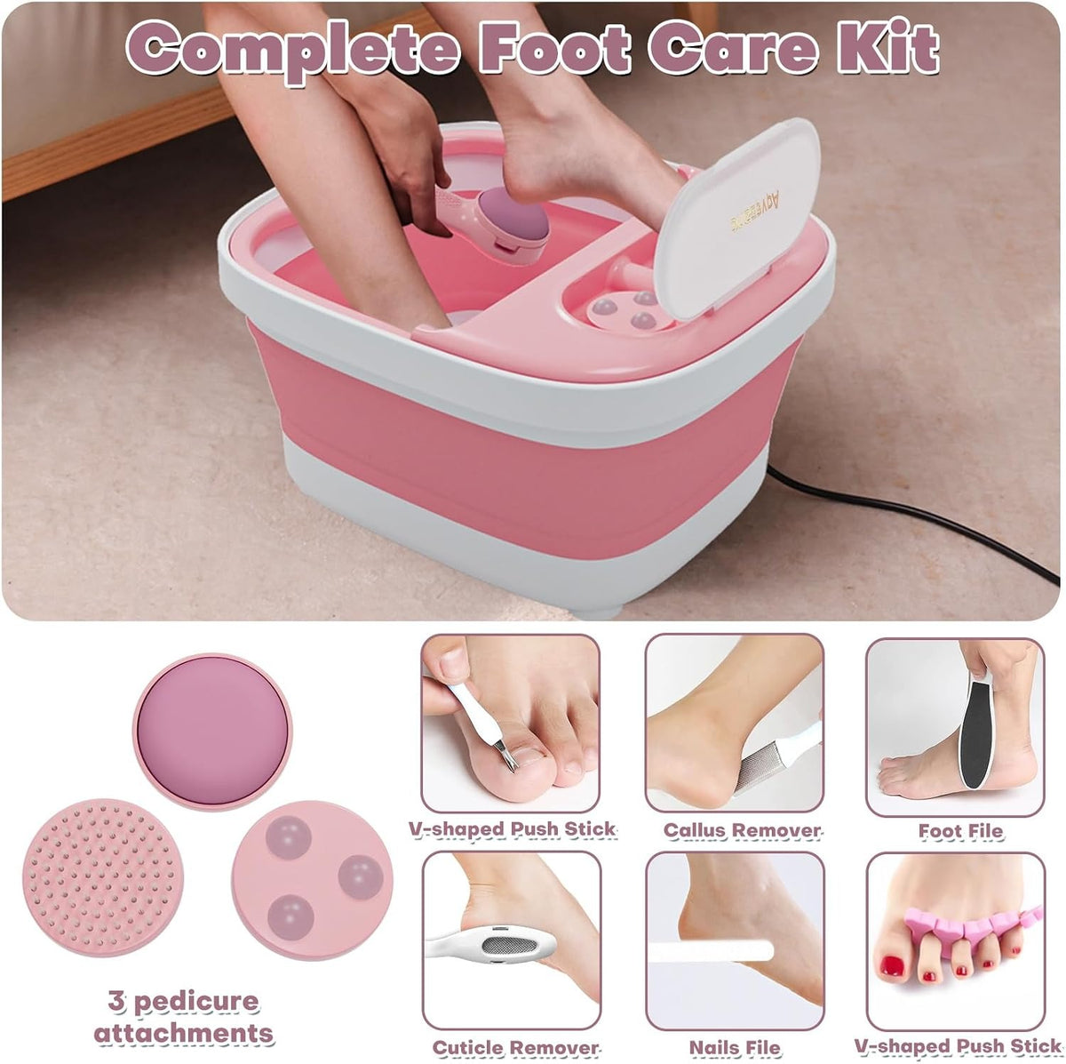 Collapsible Foot Spa Bath Massager with Heat, Remote, Temperature Control, Timer, Foot Soaking Tub with Pedicure Kit & 3 Attachments, Pedicure Foot Spa for After Work Relaxation (Pink)
