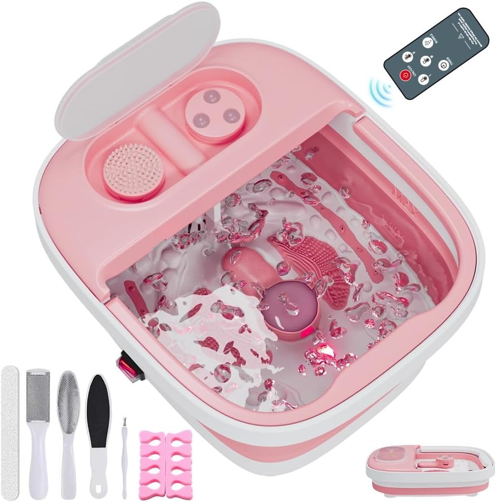 Collapsible Foot Spa Bath Massager with Heat, Remote, Temperature Control, Timer, Foot Soaking Tub with Pedicure Kit & 3 Attachments, Pedicure Foot Spa for After Work Relaxation (Pink)
